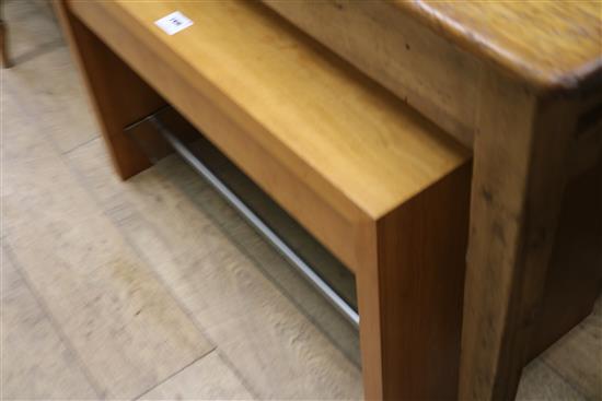 A modern teak square topped coffee table, with glass undershelf W.84cm.